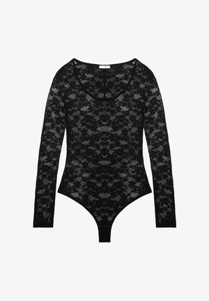 Bodysuit de encaje negro con mangas largas, escote redondeado, intrincados patrones florales y cierre de presión en la parte inferior. Textura transparente.