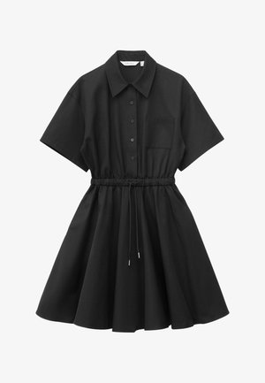 Black short-sleeve shirt dress with front buttons, chest pocket, drawstring waist, and flared skirt.