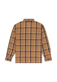 Langarmige geruite blouse met een geel, bruin en wit geblokt patroon, gemaakt van zachte stof met een kraag en knoopmanchetten.