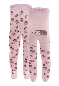 Różowe rajstopy z wzorem przedstawiającym różne grzyby i żołędzie. Z tyłu, blisko góry, znajduje się wzór jeża o miękkiej, teksturowanej fakturze.