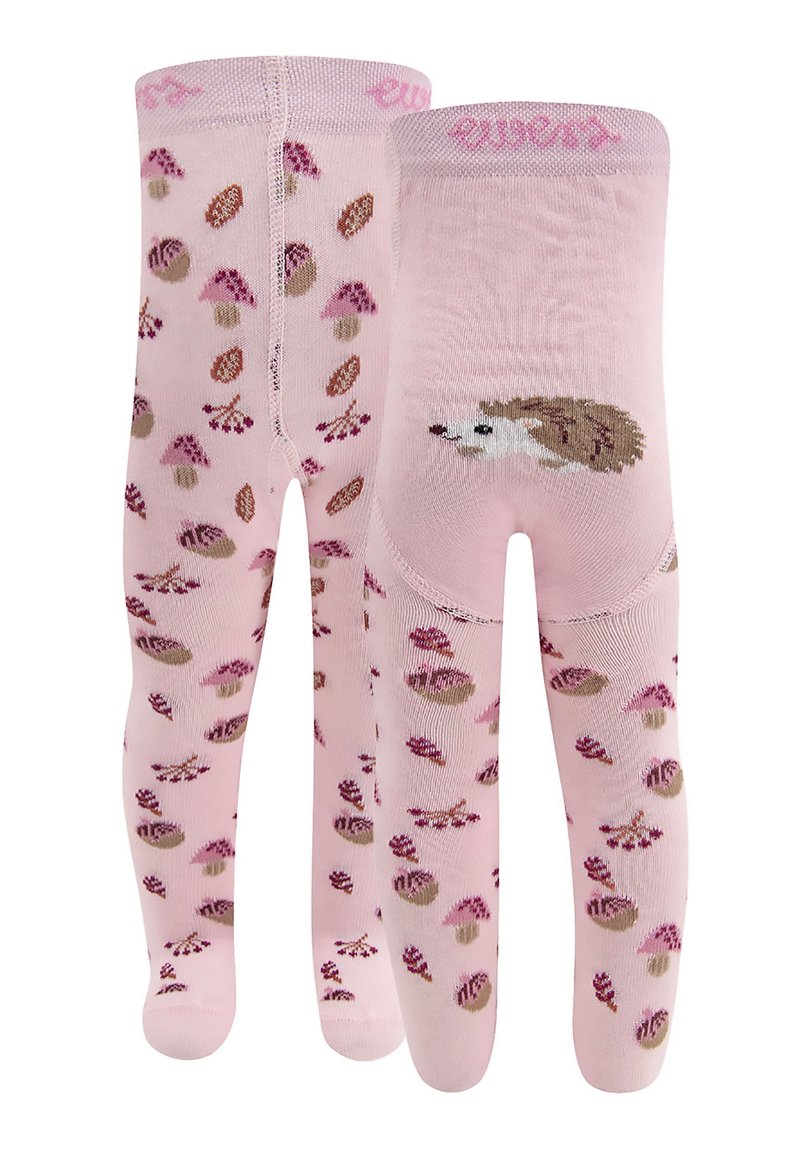 Różowe rajstopy z wzorem przedstawiającym różne grzyby i żołędzie. Z tyłu, blisko góry, znajduje się wzór jeża o miękkiej, teksturowanej fakturze.