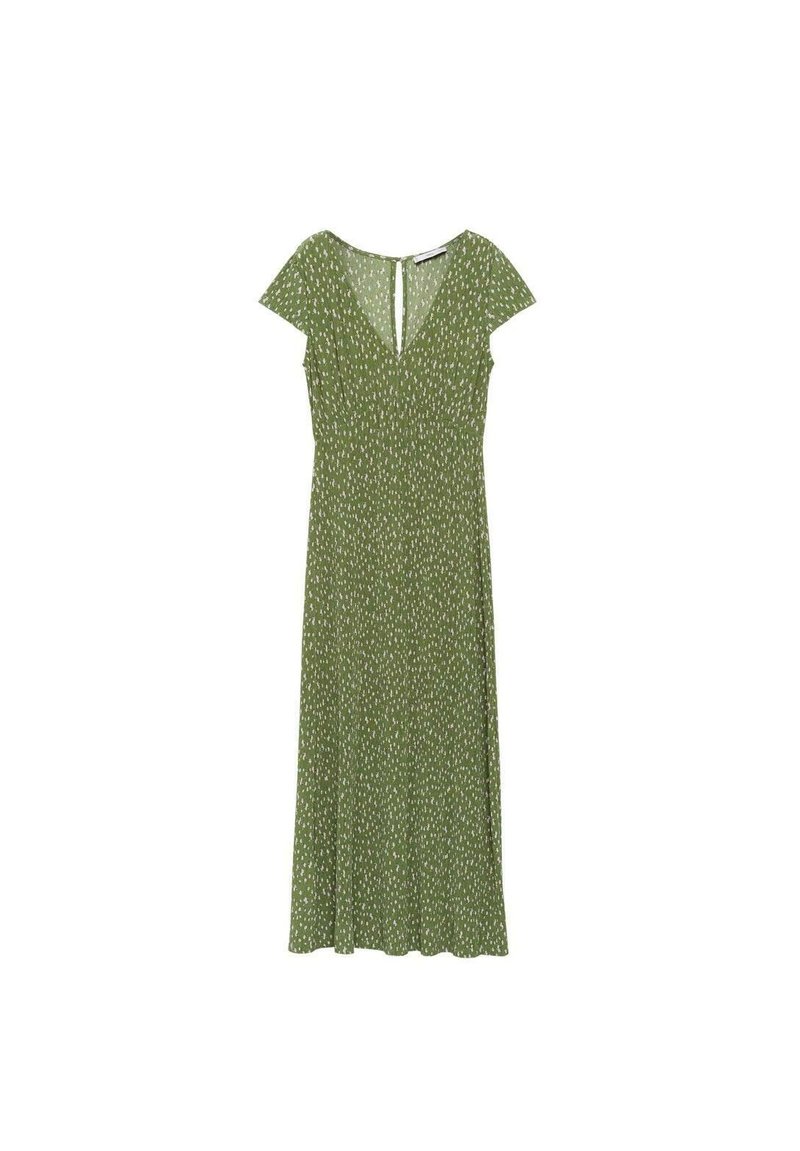 Grünes Maxikleid mit V-Ausschnitt, kurzen Puffärmeln und einem weißen Sprenkelmuster. Fließender Stoff und ein leicht ausgestellt geschnittener Rock.