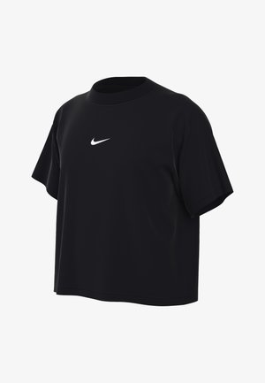 Svart croppet skjorte laget av glatt stoff, med korte ermer og ribbestrikket rund hals. Inkluderer en hvit Nike swoosh-logo på brystet.