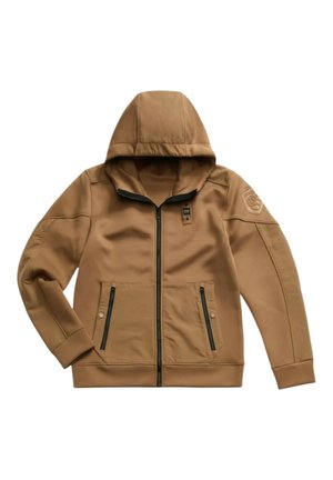 Bruine capuchonjas met ritssluiting, voorzien van twee ritszakken aan de voorkant, geribbelde manchetten en een gebadgeerde detail op de mouw. Soepele textuur.