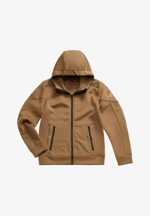 Braune Kapuzenjacke mit Reißverschluss, zwei Reißverschlusstaschen vorne, gerippten Bündchen und Abzeichen am Ärmel. Glatte Textur.