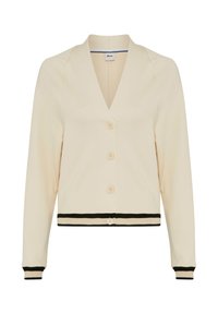 Crème knopen cardigan met zwarte bies op de manchetten en zoom, met een V-hals en lange mouwen.