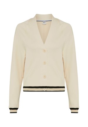 Cremfarbener Cardigan mit Knopfleiste und schwarzem Abschluss an den Ärmeln und dem Saum, mit V-Ausschnitt und langen Ärmeln.