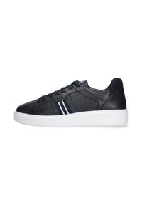 Black leather sneaker with textured surface, featuring white sole and dual white stripes on the side. Classic lace-up design.