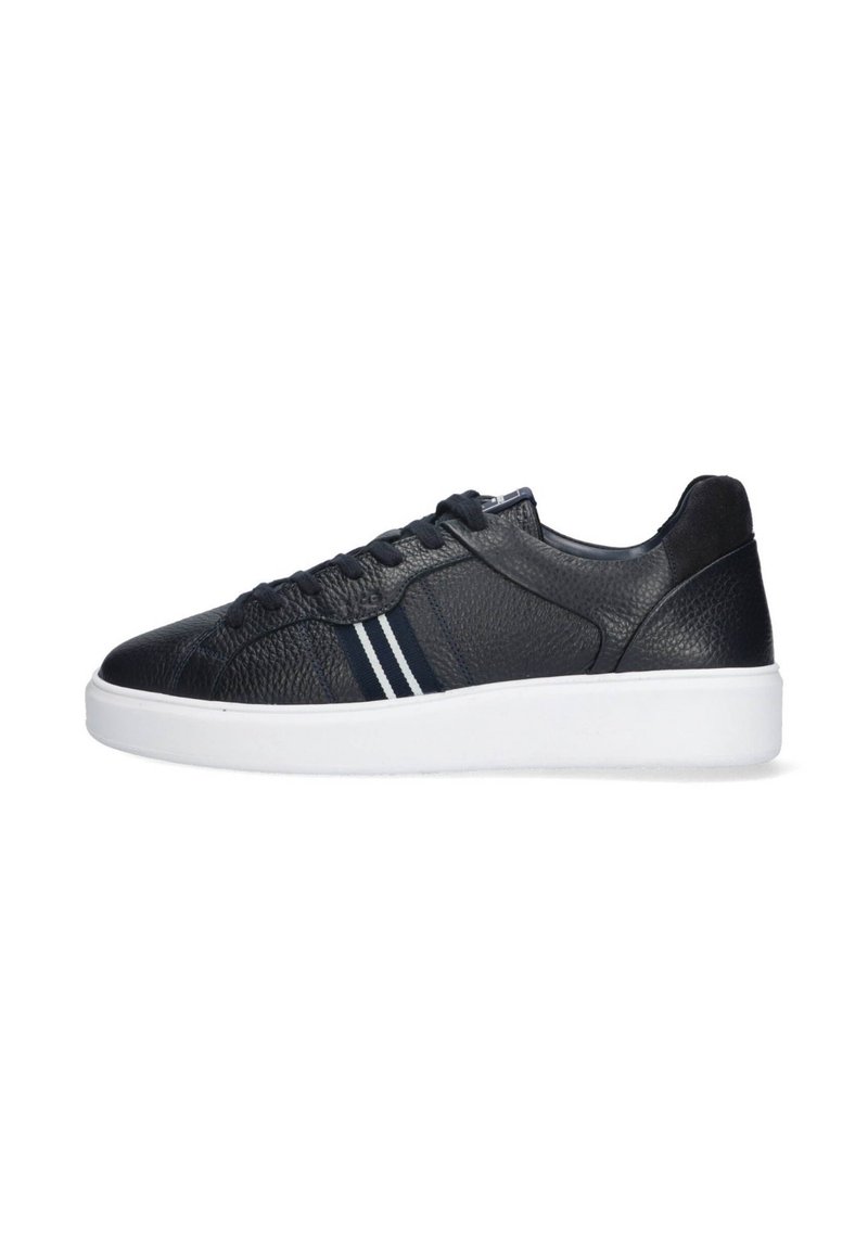 Black leather sneaker with textured surface, featuring white sole and dual white stripes on the side. Classic lace-up design.