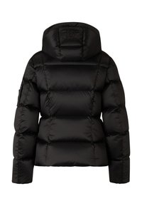Černá péřová bunda s prošívaným designem, kapucí a decentním logem na krku. Disponuje hladkým, lesklým povrchem a elastickými manžetami.