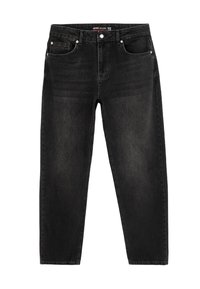 Jeans de mezclilla negra con diseño de pierna recta, que cuentan con bolsillos frontales, cierre de botones y una sutil textura desvaída. Talla aproximada de cintura: 32.