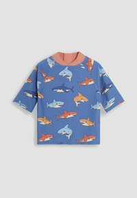 Lyhythihainen rash guard sinisenä, jossa on monivärisiä hai-kuvioita. Valmistettu joustavasta materiaalista, jossa on vaaleanpunainen kaulus ja vahvistetut saumat.