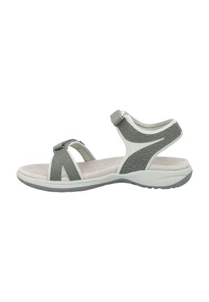 Grijze en witte open-teen sandaal met verstelbare bandjes en gevoerde zool, ontworpen voor comfort en casual gebruik.
