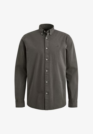 Tmavogriva srajca z gumbki, klasičnim ovratnikom, dolgimi rokavi in sprednjim gumbnim zapiranjem; na prsih ima subtilno izvezeno logo.