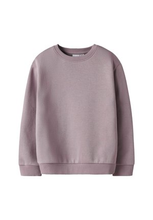 En enfärgad mauve sweatshirt med rund halsringning, långa ärmar samt ribbade muddar och nederkant, visad mot en vit bakgrund.