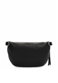 Borsa in pelle nera con una forma morbida e arrotondata, dotata di hardware in argento e di una tracolla laterale. Texture liscia con un design minimalista.