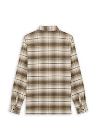 Bruine en crèmekleurige geruite langwaardige shirt met een kraag, voorzien van knoopmanchetten en een zachte, gestructureerde stof.