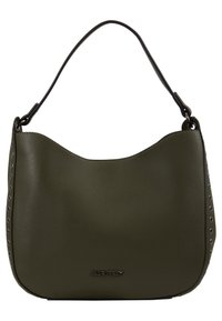 Torba na ramię w oliwkowej zieleni, wykonana z teksturowanego materiału syntetycznego. Ma zaokrąglony kształt, górny uchwyt oraz ozdobne metalowe przelotki po bokach.