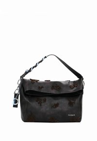 Brown leather handbag with embossed floral patterns, adjustable strap featuring blue accents, and a flap closure. Brand name visible.