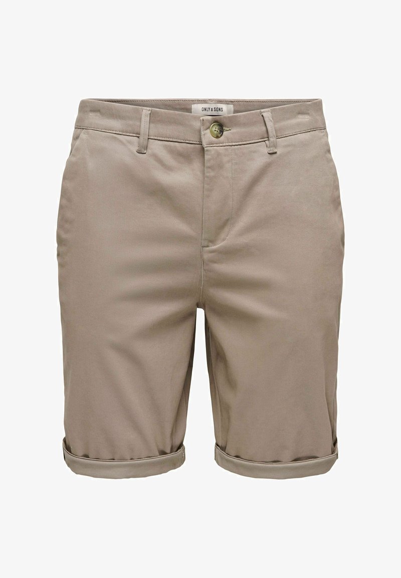 Shorts beiges jusqu'aux genoux avec fermeture à boutons, passants pour ceinture, revers remontés et poches latérales, étiquetés « ONLY & SONS » à la taille.