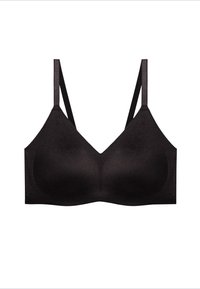 Sujetador inalámbrico negro con tirantes delgados ajustables, textura suave y copas blandas diseñadas para la comodidad. Diseño simple y minimalista.