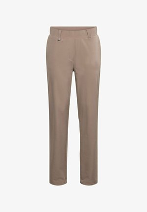 Beige rechte broek met een aansluitende tailleband, riemlussen en subtiele voornaaddetails.