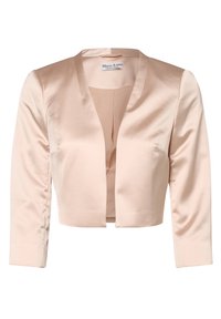 Krótkie satynowe żakiet w delikatnym odcieniu różu. Posiada długie rękawy, kołnierz szalowy i otwarty przód. Gładka tekstura z minimalnymi detalami.