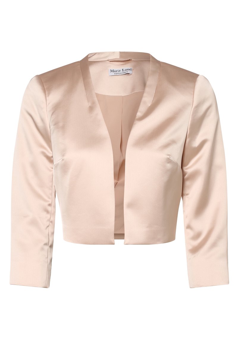 Krótkie satynowe żakiet w delikatnym odcieniu różu. Posiada długie rękawy, kołnierz szalowy i otwarty przód. Gładka tekstura z minimalnymi detalami.