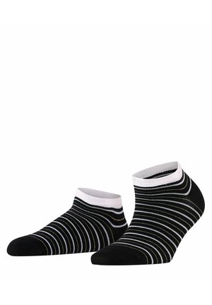 Schwarze Knöchelsocken mit horizontalen weißen und goldenen Streifen, einem gerippten weißen Bündchen und einer glatten Textur.