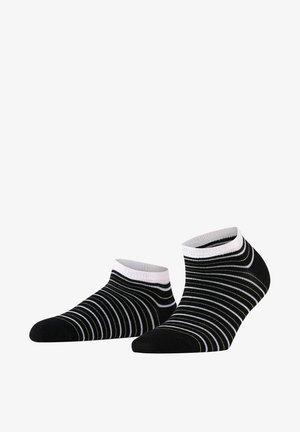 Chaussettes noires à la cheville avec des rayures horizontales blanches et dorées, dotées d'un revers côtelé blanc et d'une texture lisse sur l'ensemble.
