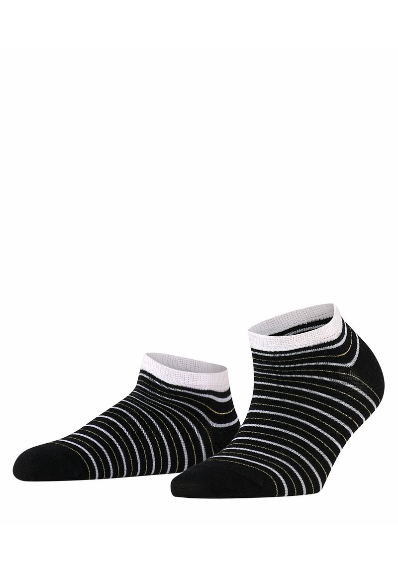 Schwarze Knöchelsocken mit horizontalen weißen und goldenen Streifen, einem gerippten weißen Bündchen und einer glatten Textur.