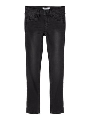 Slim-fit svarte denimjeans med en glatt tekstur, fem-lommers design og en enkelt knappelukking i midjen.