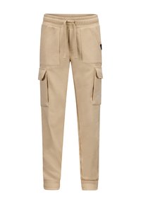 Beige cargojoggers van zachte stof, met een elastische tailleband, trekkoord en meerdere zijkonten voor opslag en gemak.