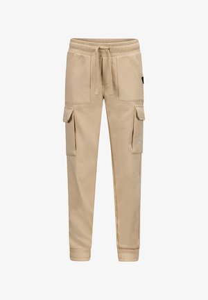 Beige Cargo-Jogginghosen aus weichem Stoff, mit elastischem Bund, Kordelzug und mehreren Seitentaschen für Stauraum und Bequemlichkeit.