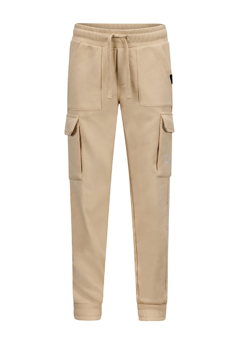 Beige cargojoggers van zachte stof, met een elastische tailleband, trekkoord en meerdere zijkonten voor opslag en gemak.