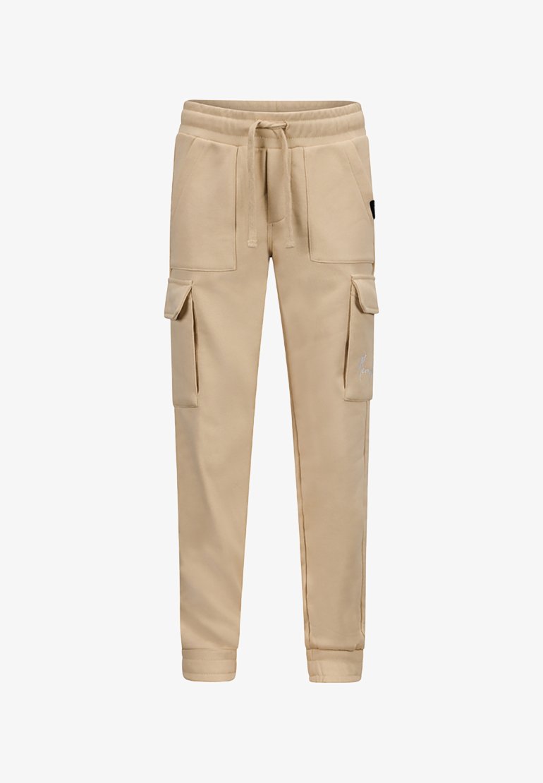 Beige cargojoggers van zachte stof, met een elastische tailleband, trekkoord en meerdere zijkonten voor opslag en gemak.