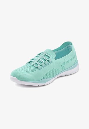 Light teal athletic shoe with breathable mesh upper, elastic laces, and soft inner lining. Rubber sole for traction and support.