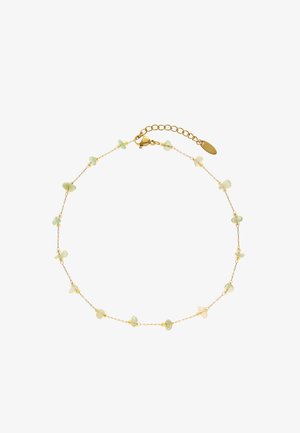 Finom aranylánc nyaklánc kis, világoszöld és törtfehér szabálytalan gyöngyökkel, egyenletesen elhelyezve, rákkapoccsal és állítható hosszabbítóval.