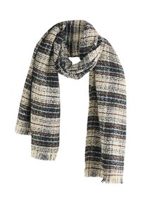 Écharpe tissée en crème, noir et marron avec un motif à carreaux texturé. Fini avec des bords frangés, créant une apparence douce et confortable.