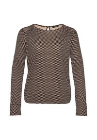 Blouse marron à manches longues avec motif carré beige, col rond, fermeture boutonnée dans le dos et poignets ajustés.