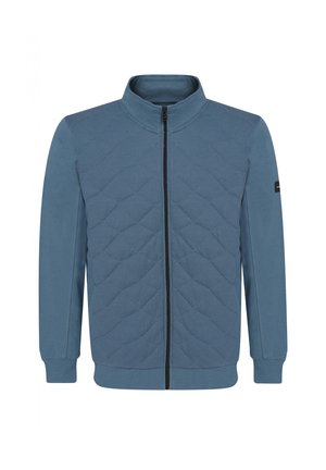 Blue quilted jacket featuring a high collar, full front zipper, and textured fabric with solid sleeves. Contrasting black zipper and brand tag.