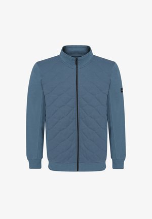 Giacca trapuntata blu con colletto alto, zip frontale completa e tessuto testurizzato con maniche in tinta unita. Zip nera in contrasto e etichetta del marchio.