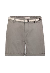 Gray cotton shorts with a braided cream belt, rolled cuffs, and front pockets. Features a subtle texture and a small brand tag.