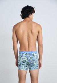 Björk Borg boxershorts i blått och grönt paisleymönster, elastisk midja, figursydd design, mjukt tyg, mitt på låret-längd.