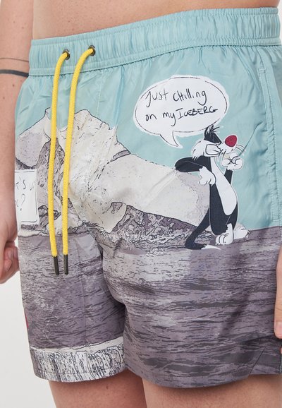 Costumi da bagno realizzati in tessuto leggero, con un design a cartone animato nei toni del blu e grigio, cordino giallo e testo in stile fumetto.