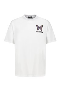 Weißes Baumwoll-T-Shirt mit einem bunten Schmetterlingsmotiv und dem Wort "MITGEFÜHL". Rundhalsausschnitt und kurze Ärmel. Klassische Passform.