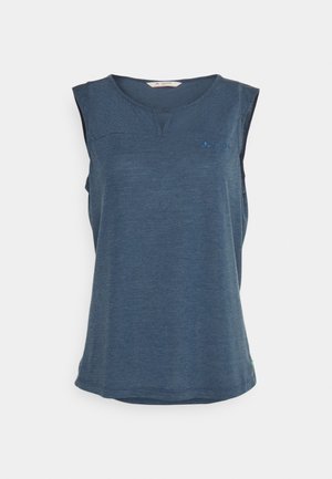 Sleeveless navy blue top made from soft fabric. Features a rounded neckline, subtle front stitching, and a green logo at the hem.