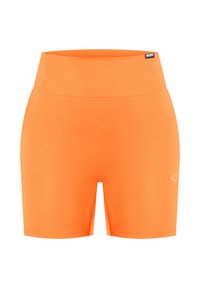 Orangefarbene sportliche Shorts mit hohem Bund, gefertigt aus elastischem Stoff. Mit einem dezenten Logo am unteren Rand. Glatte Textur, ohne Muster.