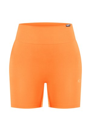 Orange atletikshorts med høj talje, lavet af elastisk stof. Har en diskret logo nederst. Glat tekstur uden mønstre.