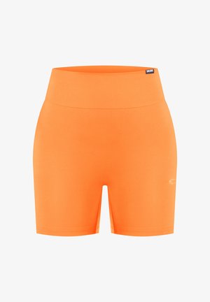 Orangefarbene sportliche Shorts mit hohem Bund, gefertigt aus elastischem Stoff. Mit einem dezenten Logo am unteren Rand. Glatte Textur, ohne Muster.